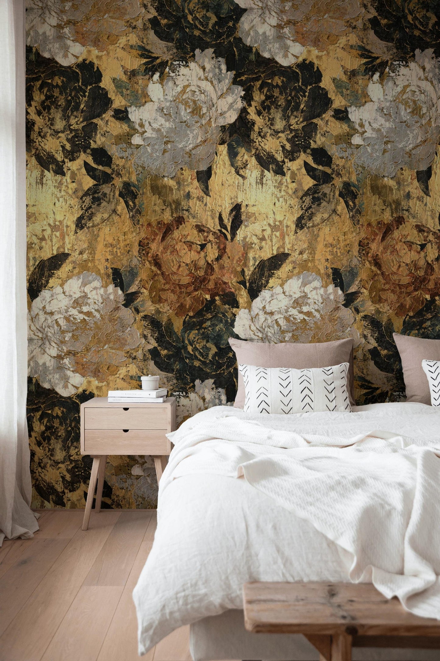 Gold Floral Peel and Stick Wallpaper: Textured Impasto Wall Mural