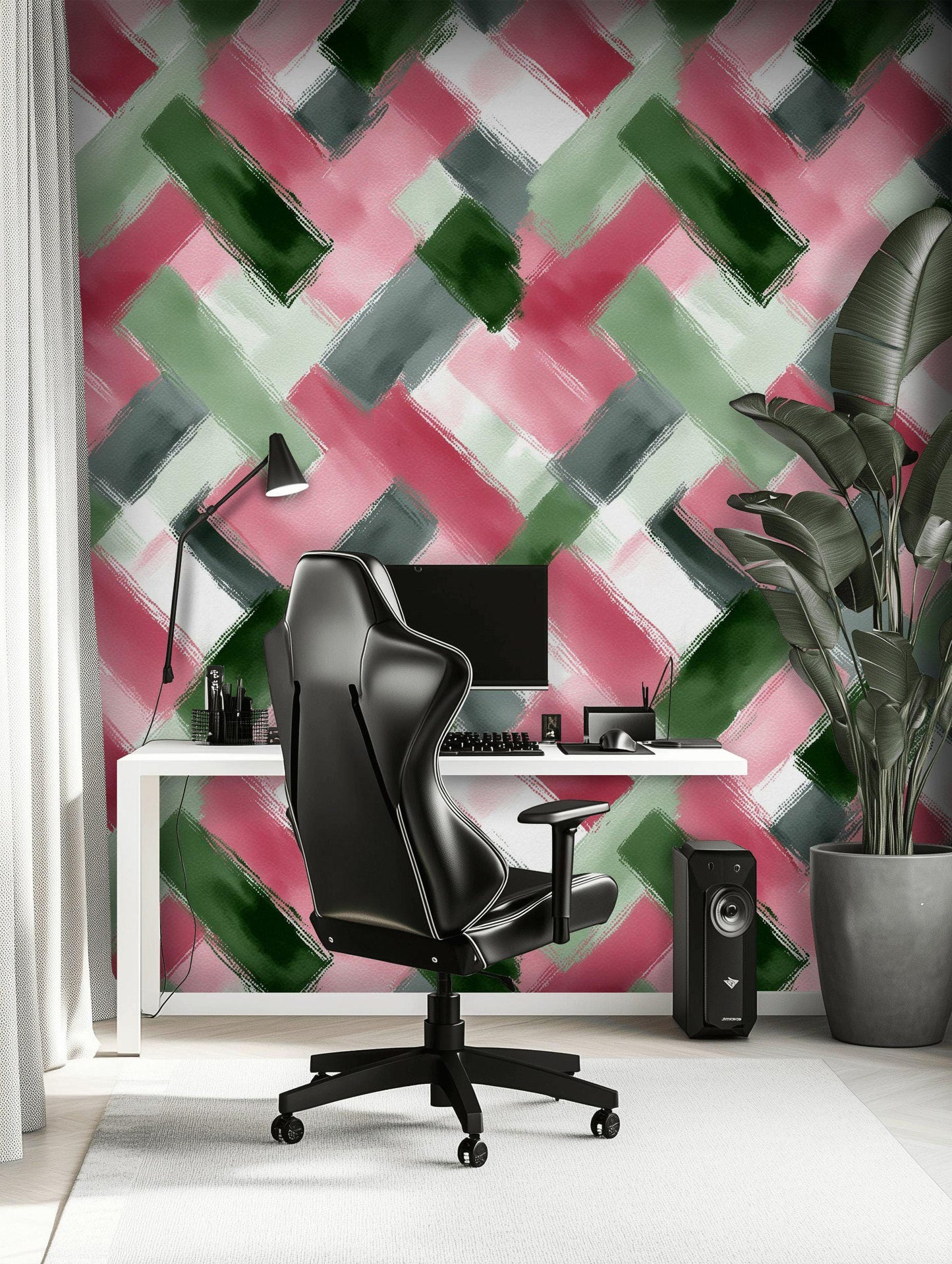 Abstract Brushstroke Wallpaper | Modern Pink Green Wall Mural | Geometric Pattern Peel and Stick Decor