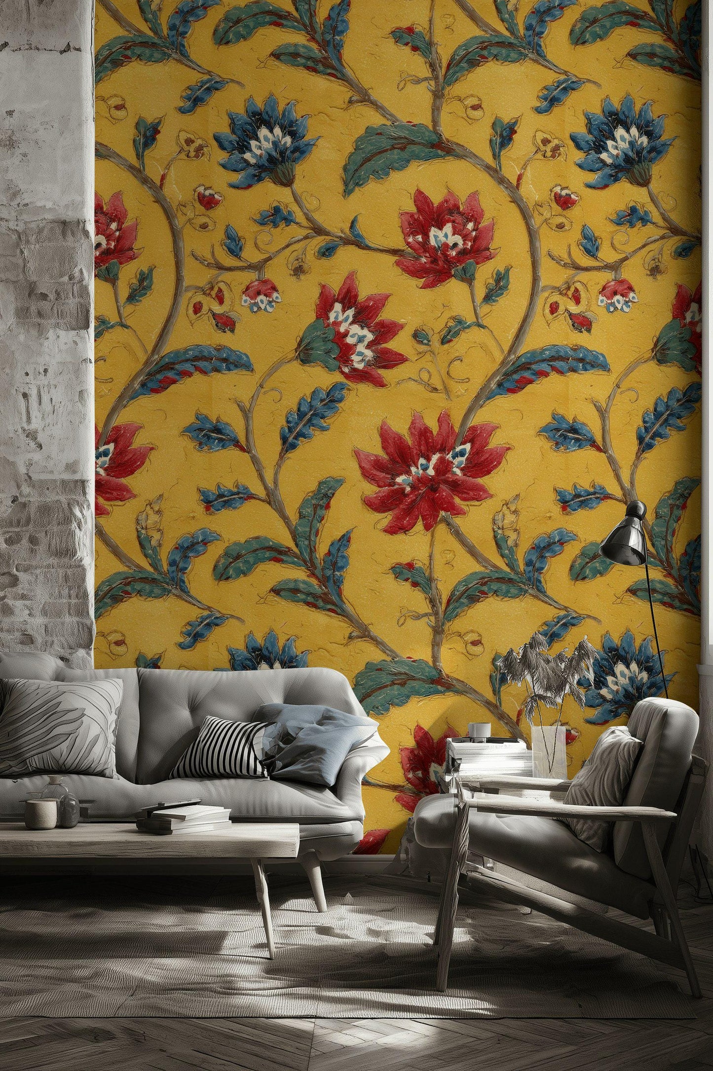 Vintage Floral Wallpaper Mural: Yellow, Red & Blue Botanical Peel and Stick