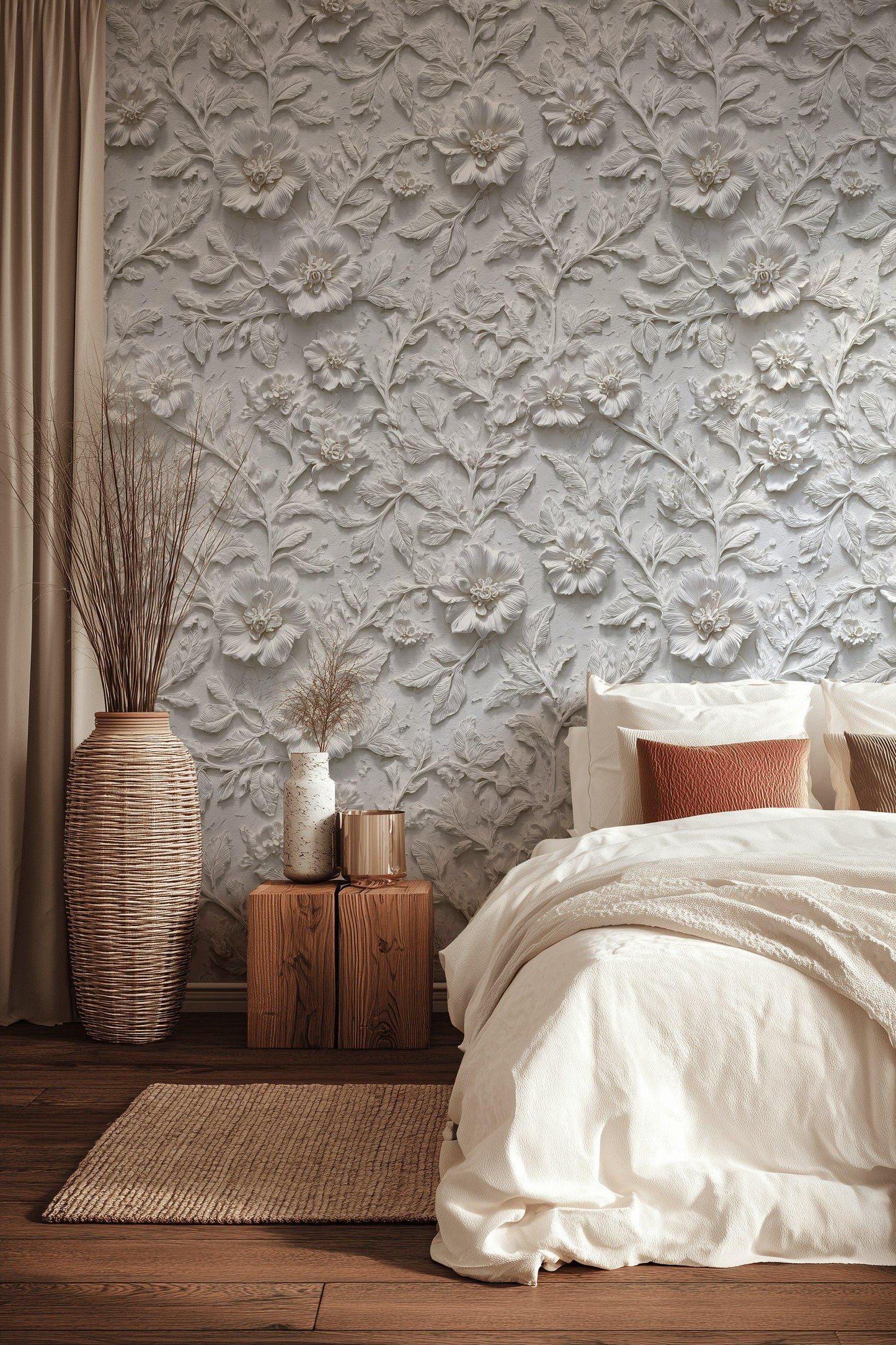 Embossed 3D Floral Wallpaper, White Textured Wall Mural, Peel and Stick Minimalist Decor