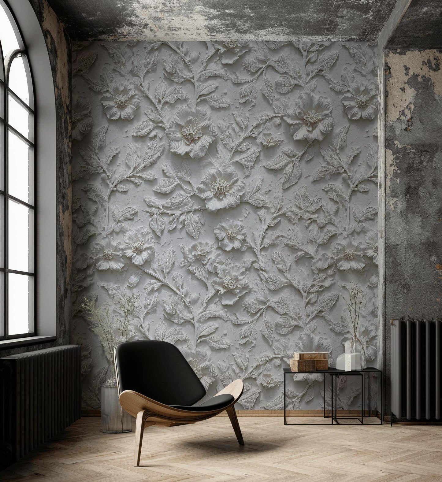 Embossed 3D Floral Wallpaper, White Textured Wall Mural, Peel and Stick Minimalist Decor