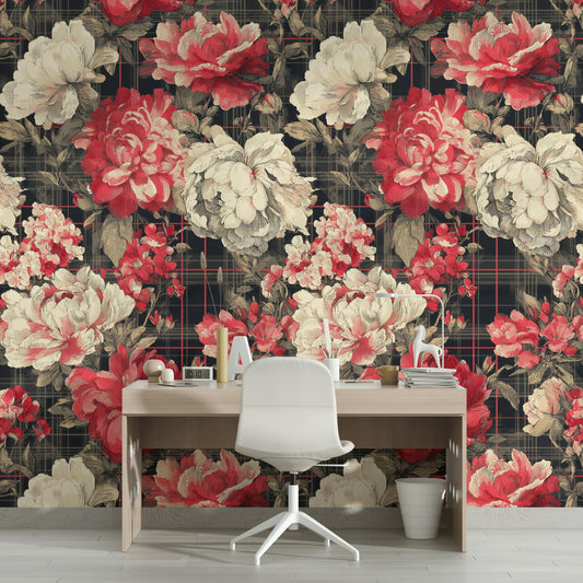 Dark Floral Plaid Wallpaper: Vintage Cottagecore Peel and Stick Wall Mural
