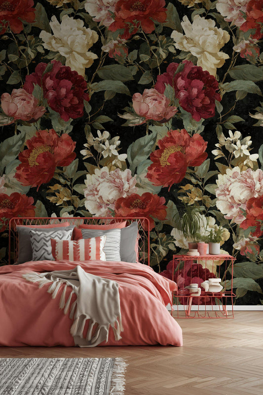 Dark Floral Wallpaper Mural: Moody Vintage Peel and Stick Wall Decor