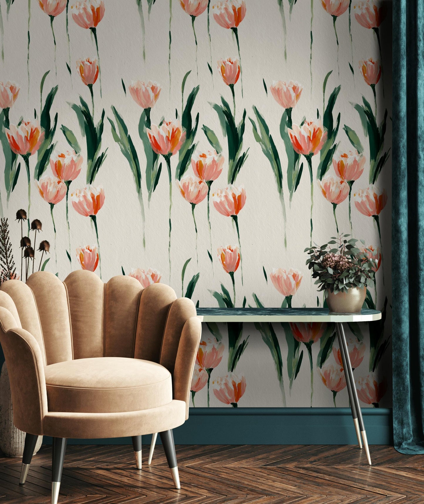 Minimalist Tulip Wallpaper, Modern Pink Floral Wall Mural, Botanical Peel and Stick Decor