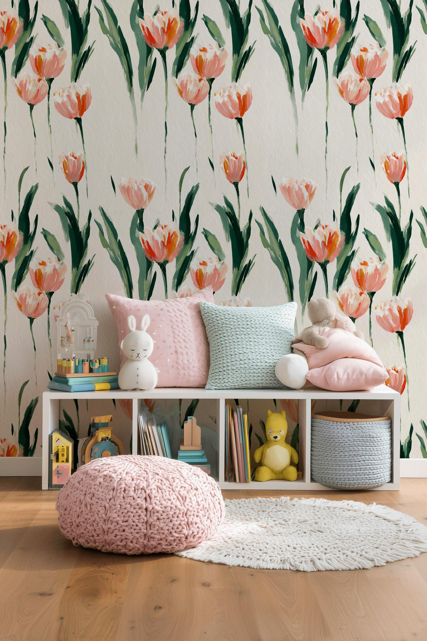 Minimalist Tulip Wallpaper, Modern Pink Floral Wall Mural, Botanical Peel and Stick Decor