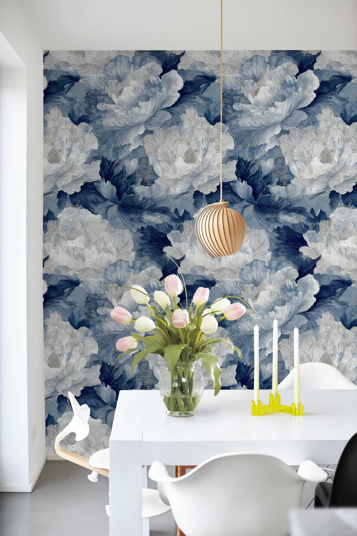 Textured Blue Floral Wallpaper, Modern Botanical Wall Mural, Peony Peel and Stick Decor