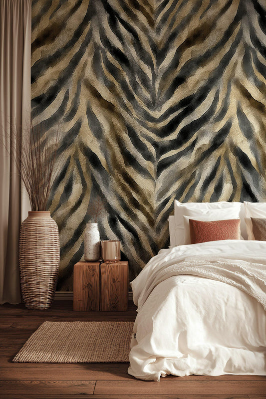 Zebra Print Wallpaper, Abstract Animal Print Wall Mural, Neutral Tones Peel and Stick Decor