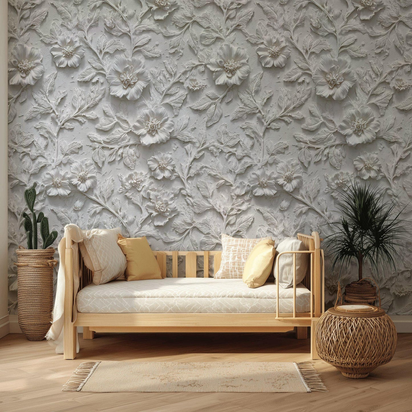 Embossed 3D Floral Wallpaper, White Textured Wall Mural, Peel and Stick Minimalist Decor