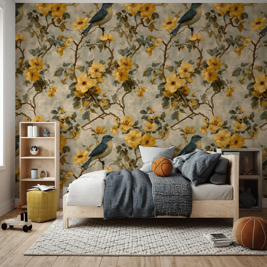 Vintage Bird and Flower Wallpaper, Yellow Botanical Mural, Peel and Stick Removable Wall Decor