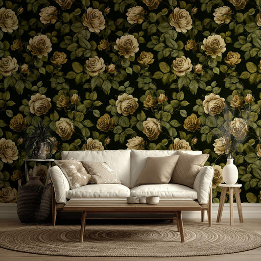 Dark Floral Wallpaper Mural: Vintage Roses, Peel and Stick