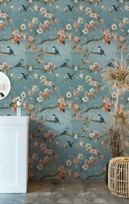 Cherry Blossom Wallpaper Mural: Peel and Stick Bird Wall Decor