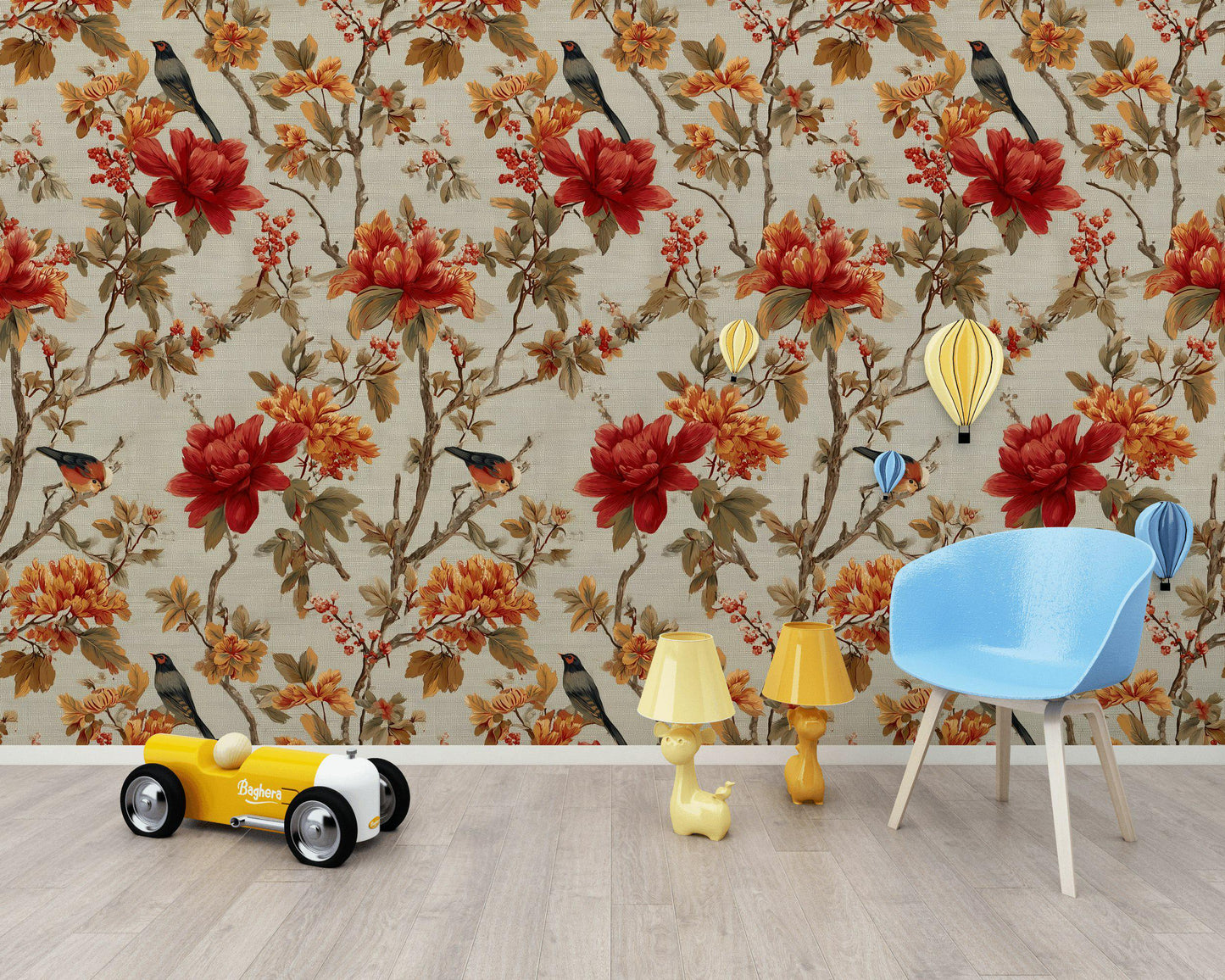 Chinoiserie Peel and Stick Wallpaper Mural: Bird & Floral Wall Decor