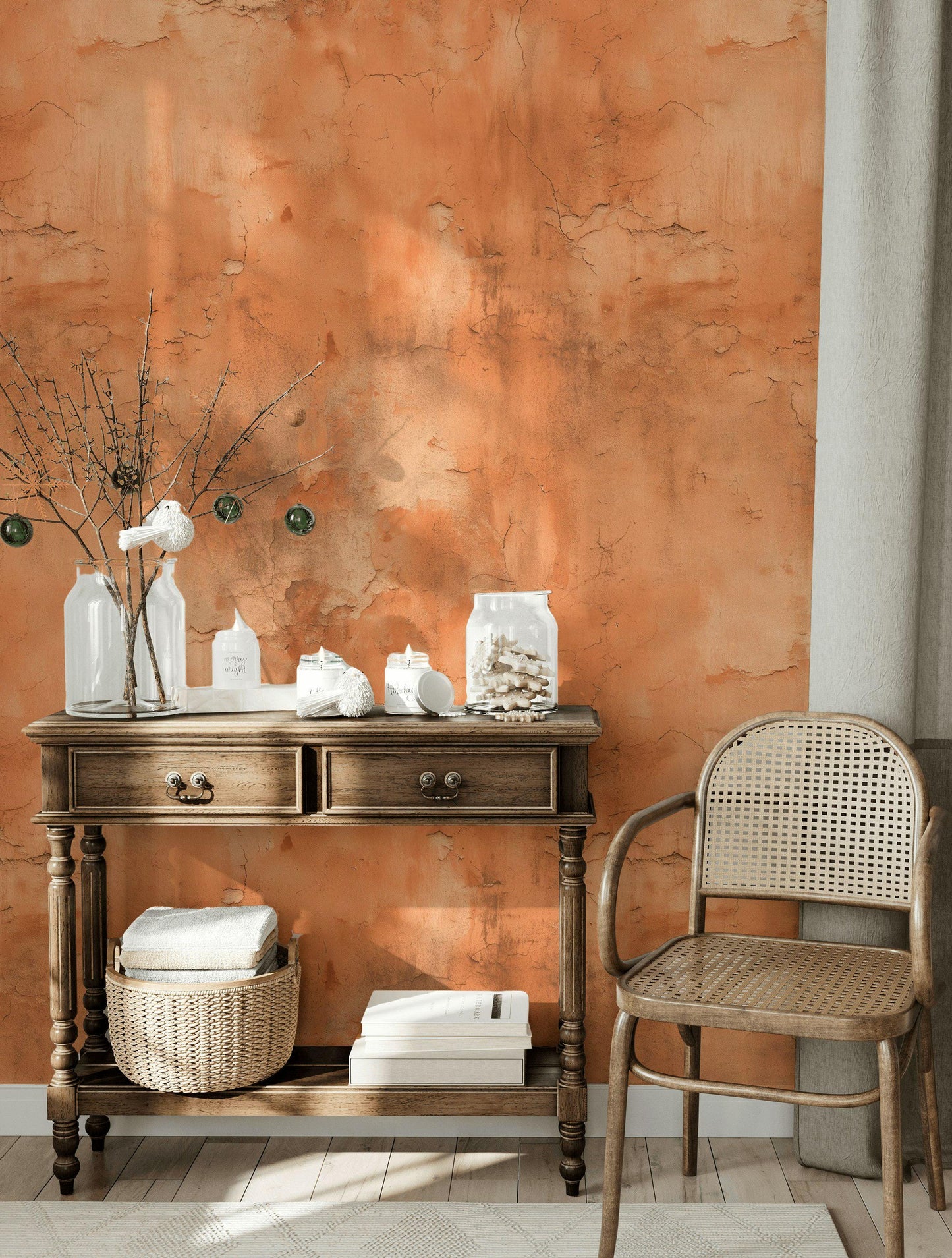 Distressed Terracotta Wallpaper Mural, Rustic Rusty Wall Decor, Industrial Peel and Stick