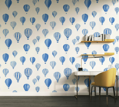 Blue Watercolor Hot Air Balloon Wallpaper | Nursery Wall Mural