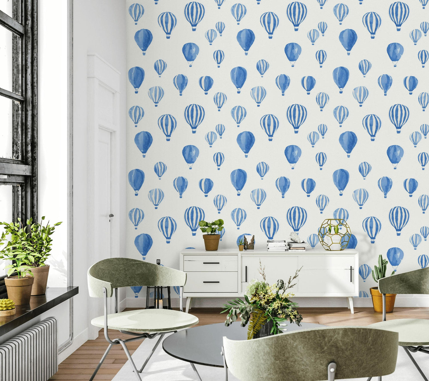 Blue Watercolor Hot Air Balloon Wallpaper | Nursery Wall Mural