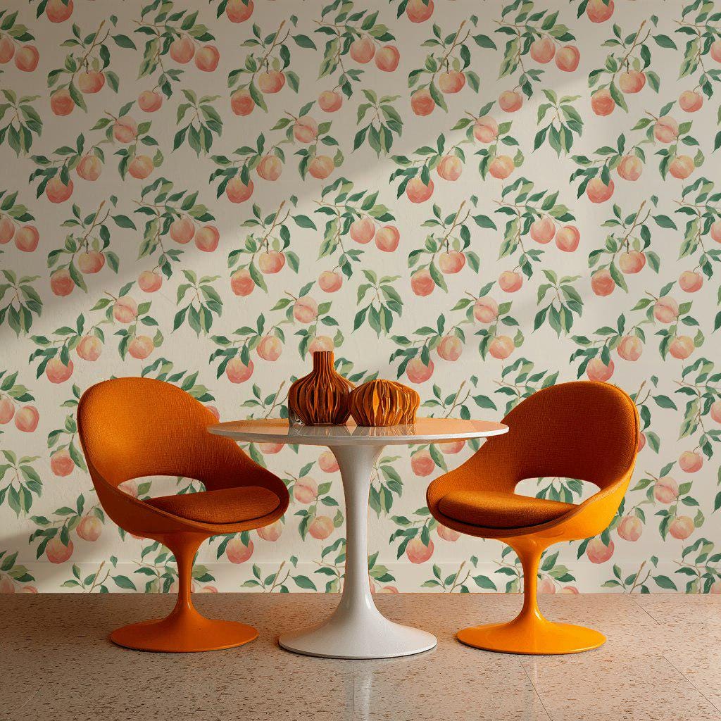 Peach Tree Wallpaper | Botanical Fruit Wall Mural | Peel & Stick or Traditional Kitchen Wall Art