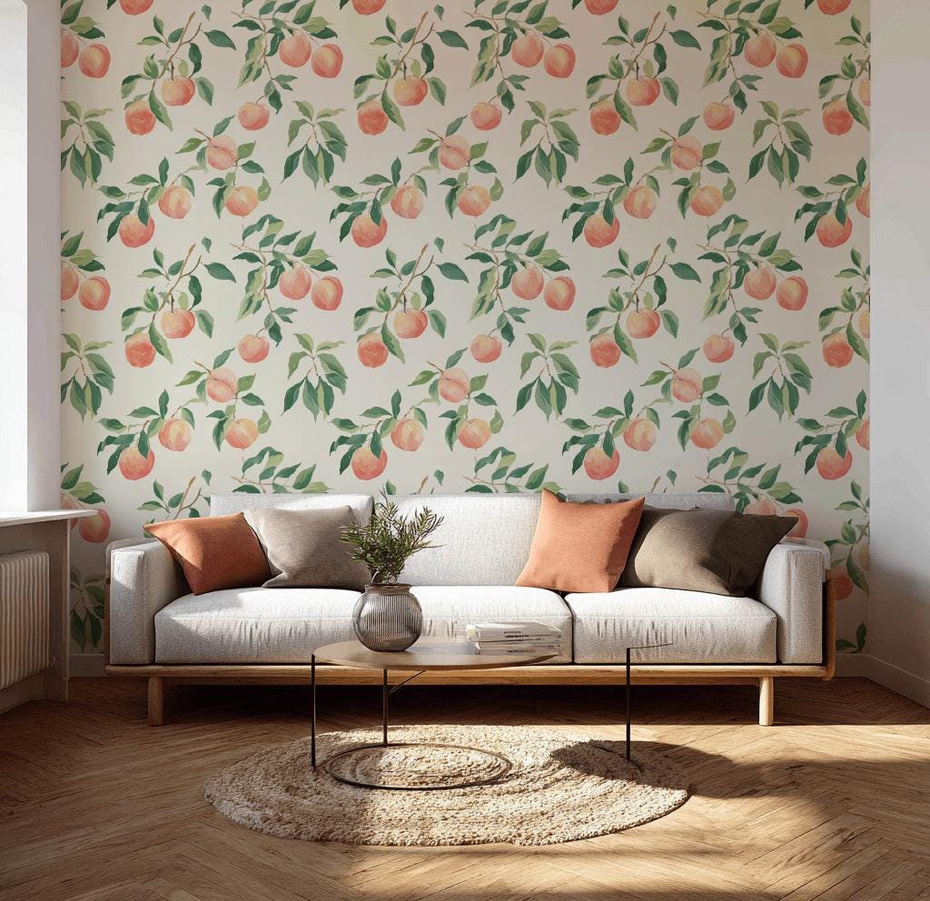 Peach Tree Wallpaper | Botanical Fruit Wall Mural | Peel & Stick or Traditional Kitchen Wall Art