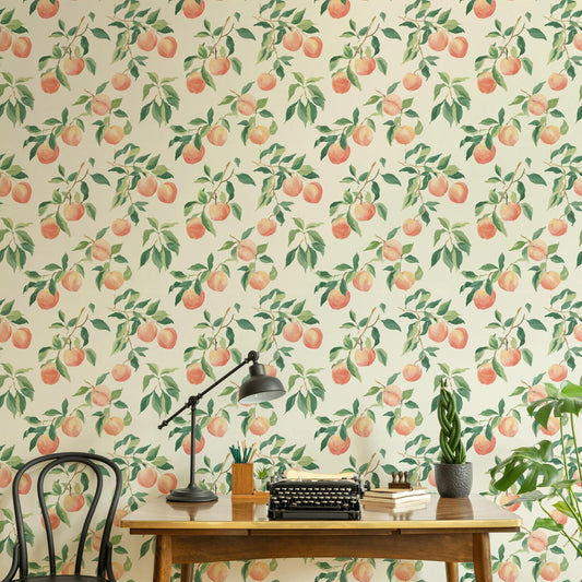 Peach Tree Wallpaper | Botanical Fruit Wall Mural | Peel & Stick or Traditional Kitchen Wall Art