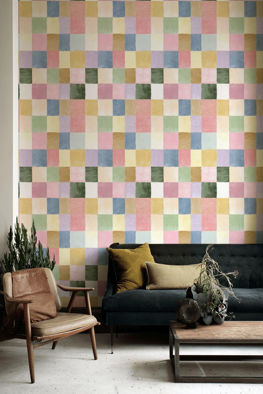 Pastel Patchwork Wallpaper | Colorful Geometric Wall Mural | Peel & Stick or Traditional Abstract Art