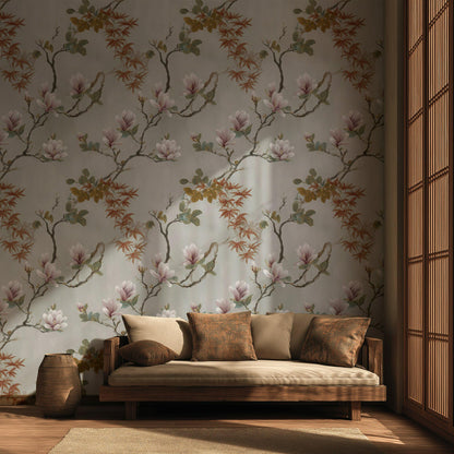 Vintage Magnolia Wallpaper | Soft Pink Floral Wall Mural | Peel & Stick or Traditional Chinoiserie Art