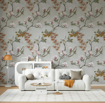 Vintage Magnolia Wallpaper | Soft Pink Floral Wall Mural | Peel & Stick or Traditional Chinoiserie Art