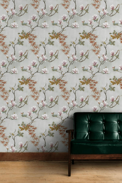 Vintage Magnolia Wallpaper | Soft Pink Floral Wall Mural | Peel & Stick or Traditional Chinoiserie Art