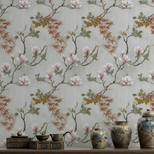 Vintage Magnolia Wallpaper | Soft Pink Floral Wall Mural | Peel & Stick or Traditional Chinoiserie Art