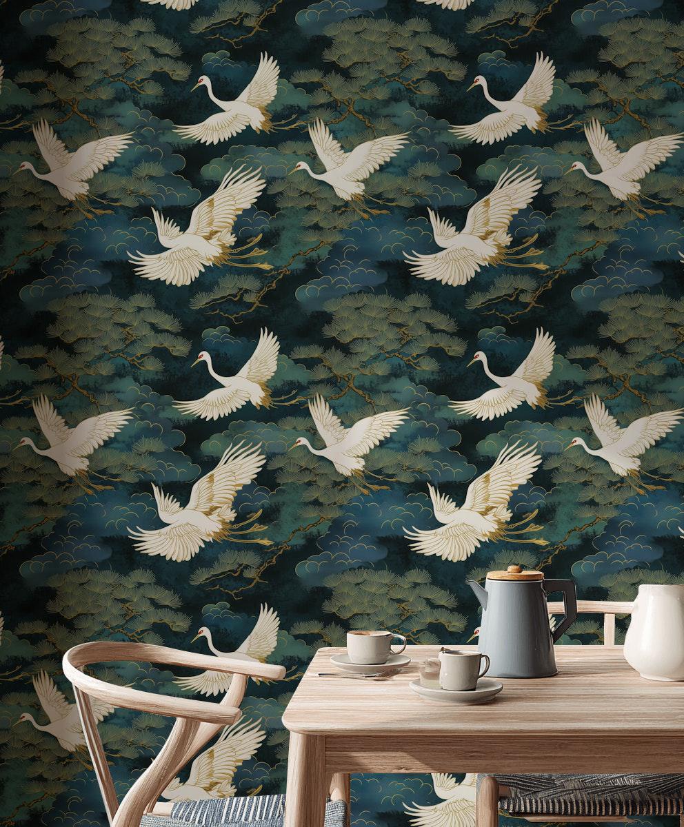 Luxury Crane Bird Wallpaper | Dark Chinoiserie Wall Mural | Peel & Stick or Traditional Japanese Art