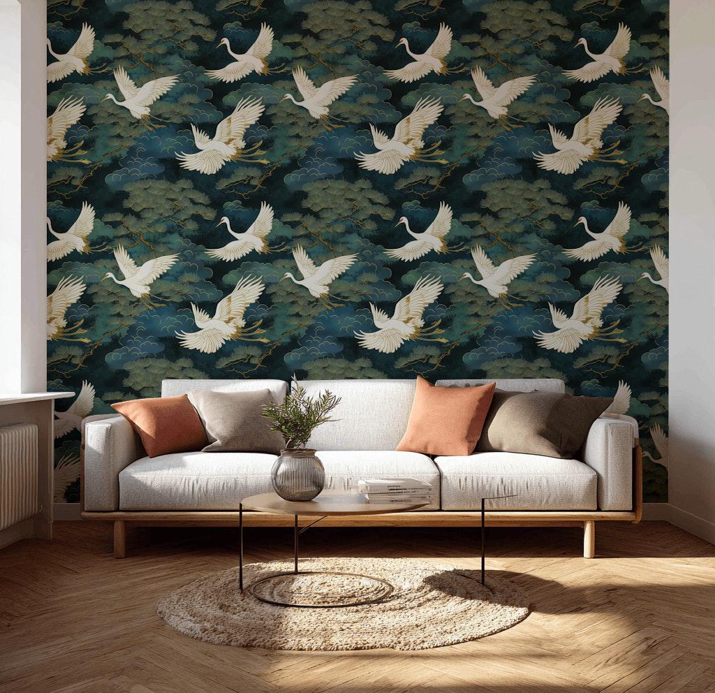 Luxury Crane Bird Wallpaper | Dark Chinoiserie Wall Mural | Peel & Stick or Traditional Japanese Art