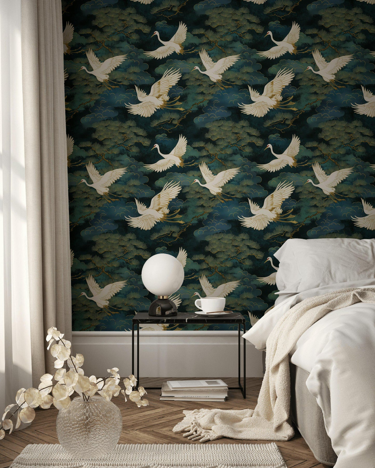 Luxury Crane Bird Wallpaper | Dark Chinoiserie Wall Mural | Peel & Stick or Traditional Japanese Art