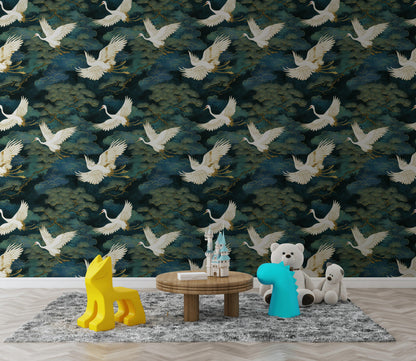 Luxury Crane Bird Wallpaper | Dark Chinoiserie Wall Mural | Peel & Stick or Traditional Japanese Art