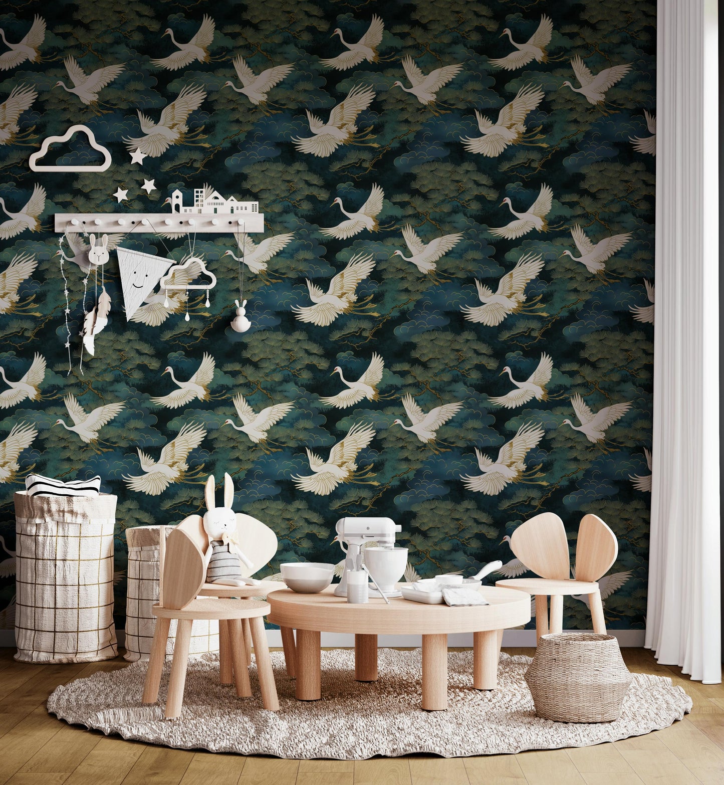Luxury Crane Bird Wallpaper | Dark Chinoiserie Wall Mural | Peel & Stick or Traditional Japanese Art