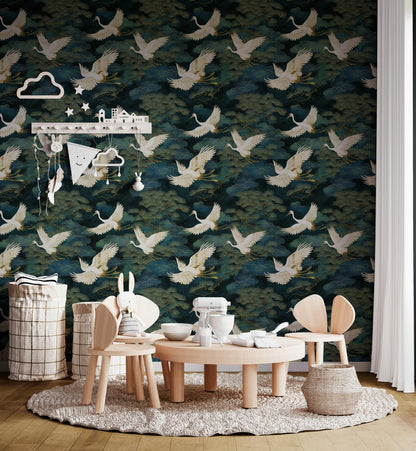Luxury Crane Bird Wallpaper | Dark Chinoiserie Wall Mural | Peel & Stick or Traditional Japanese Art