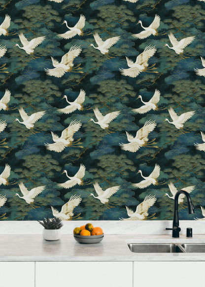 Luxury Crane Bird Wallpaper | Dark Chinoiserie Wall Mural | Peel & Stick or Traditional Japanese Art