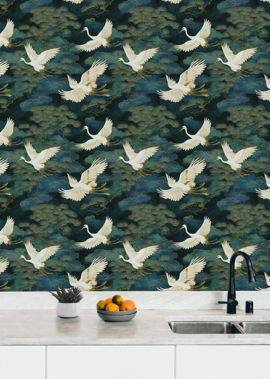 Luxury Crane Bird Wallpaper | Dark Chinoiserie Wall Mural | Peel & Stick or Traditional Japanese Art