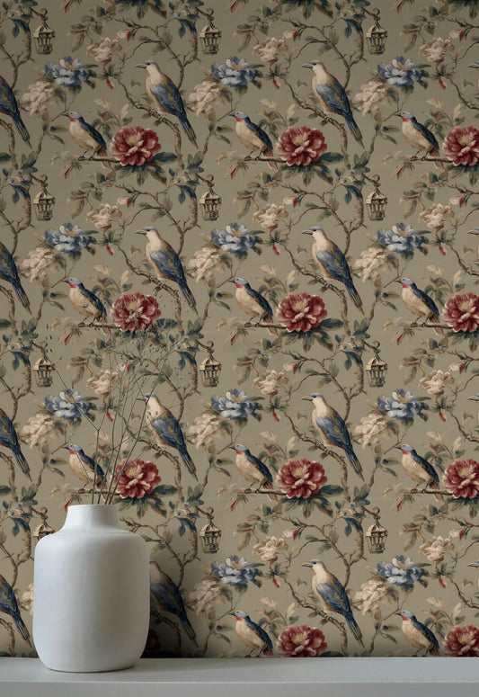 Vintage Bird Chinoiserie Wallpaper | Antique Floral Wall Mural | Peel & Stick or Traditional Luxury Decor