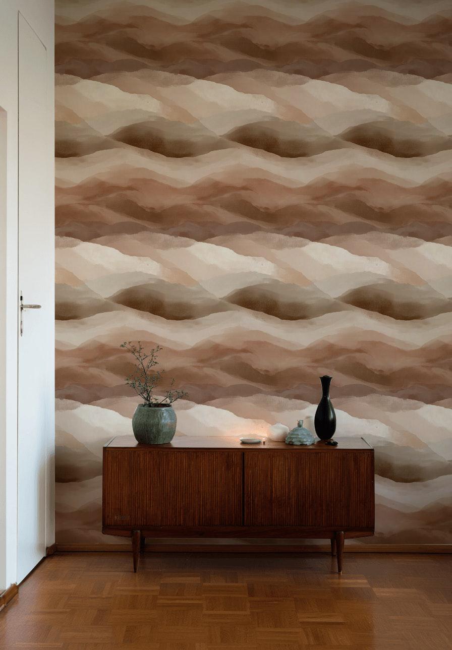 Boho Abstract Mountain Wallpaper | Earth Tone Peel & Stick Mural | Minimalist Brown Desert Landscape Art