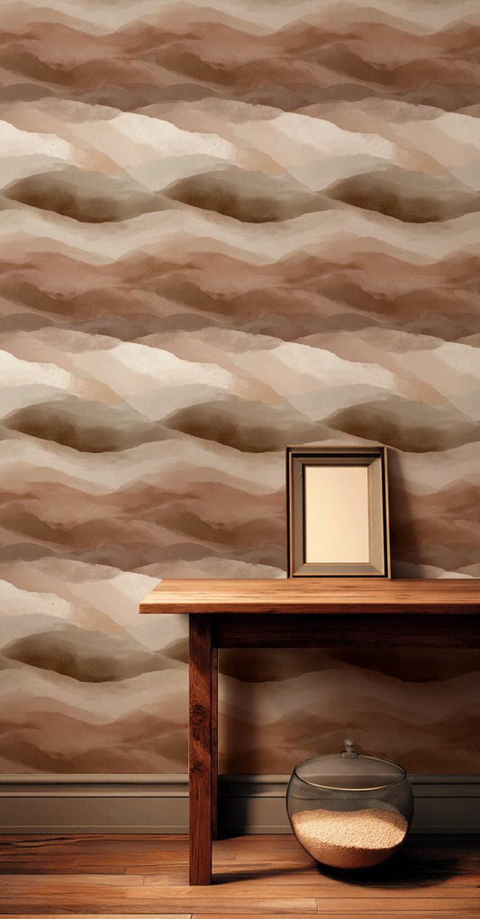 Boho Abstract Mountain Wallpaper | Earth Tone Peel & Stick Mural | Minimalist Brown Desert Landscape Art
