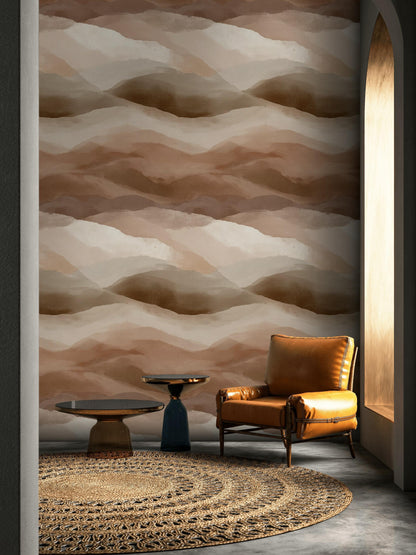 Boho Abstract Mountain Wallpaper | Earth Tone Peel & Stick Mural | Minimalist Brown Desert Landscape Art