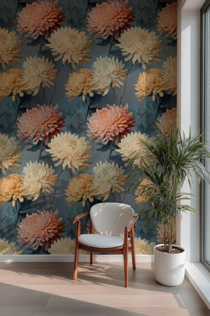 Dark Floral Chrysanthemum Wallpaper | Vintage Oil Painting Wall Mural | Peel & Stick or Traditional Art