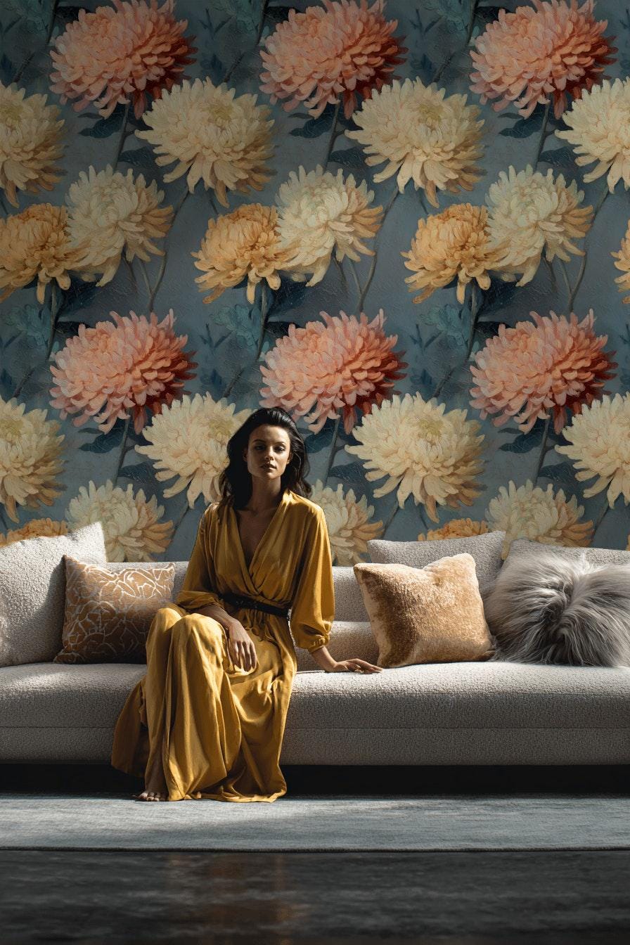 Dark Floral Chrysanthemum Wallpaper | Vintage Oil Painting Wall Mural | Peel & Stick or Traditional Art