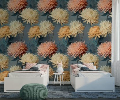 Dark Floral Chrysanthemum Wallpaper | Vintage Oil Painting Wall Mural | Peel & Stick or Traditional Art