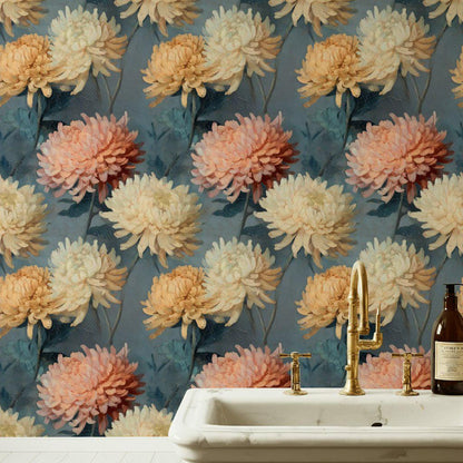 Dark Floral Chrysanthemum Wallpaper | Vintage Oil Painting Wall Mural | Peel & Stick or Traditional Art