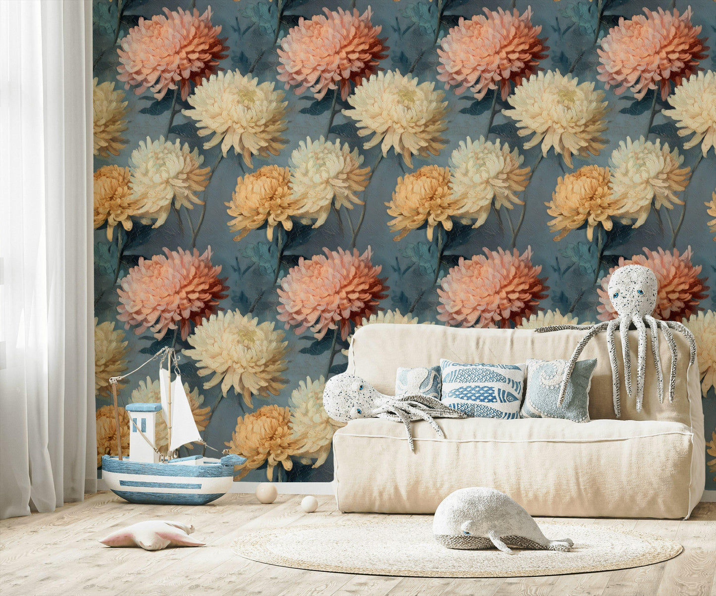 Dark Floral Chrysanthemum Wallpaper | Vintage Oil Painting Wall Mural | Peel & Stick or Traditional Art