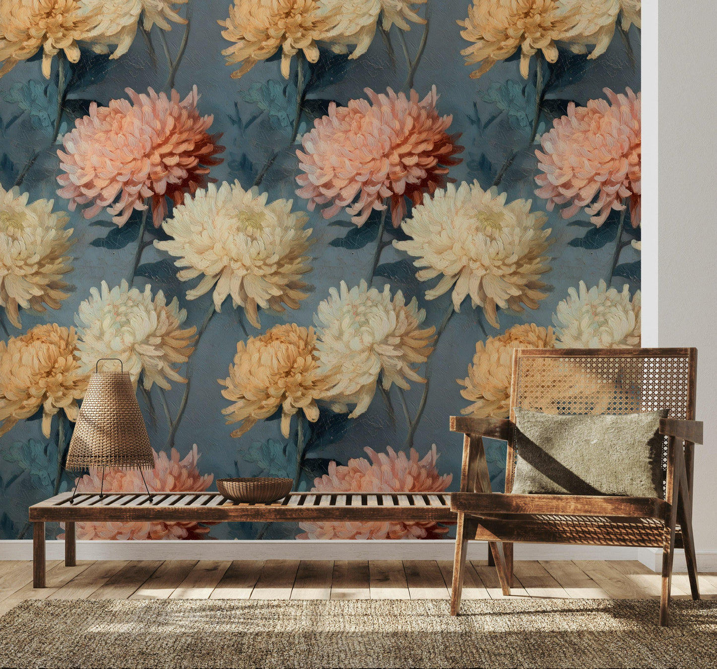 Dark Floral Chrysanthemum Wallpaper | Vintage Oil Painting Wall Mural | Peel & Stick or Traditional Art