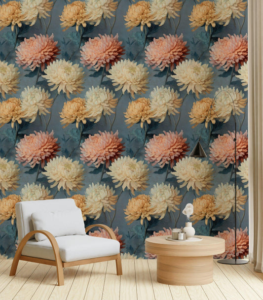 Dark Floral Chrysanthemum Wallpaper | Vintage Oil Painting Wall Mural | Peel & Stick or Traditional Art