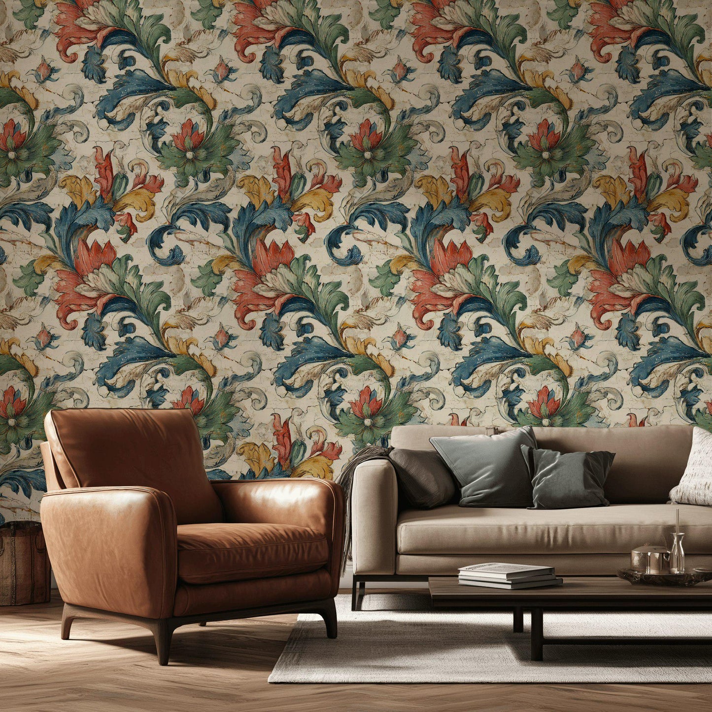 Vintage Baroque Wallpaper | Distressed Italian Floral Wall Mural | Peel & Stick or Traditional Fresco Art
