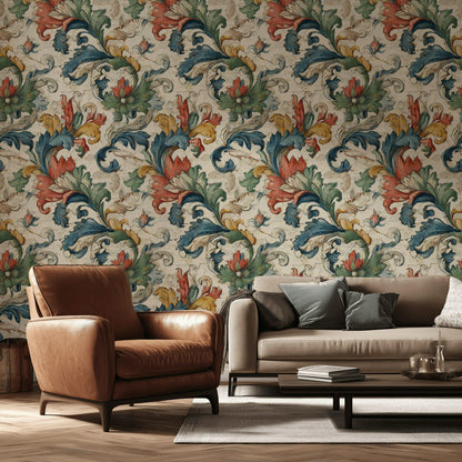 Vintage Baroque Wallpaper | Distressed Italian Floral Wall Mural | Peel & Stick or Traditional Fresco Art