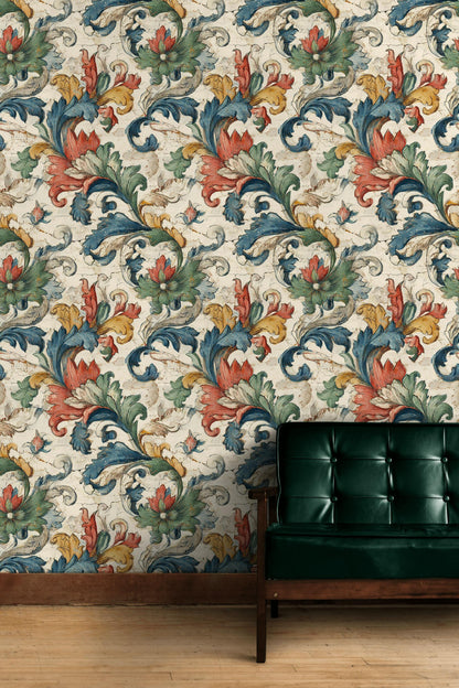 Vintage Baroque Wallpaper | Distressed Italian Floral Wall Mural | Peel & Stick or Traditional Fresco Art