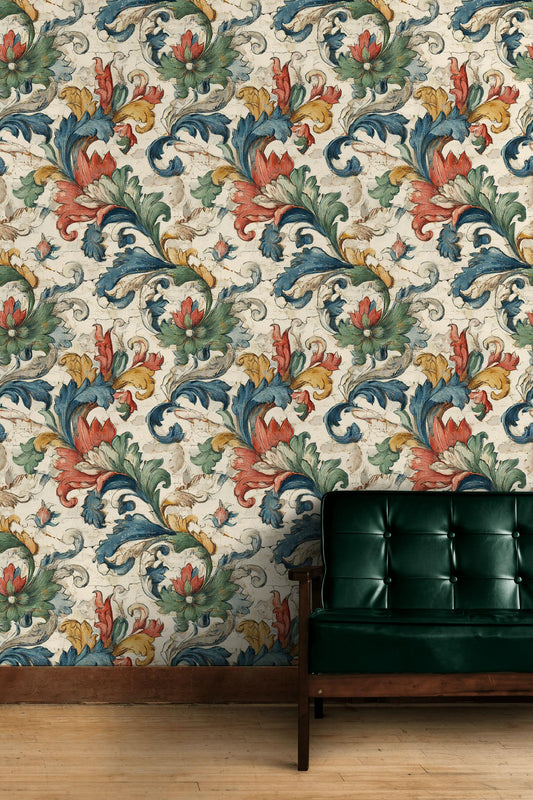 Vintage Baroque Wallpaper | Distressed Italian Floral Wall Mural | Peel & Stick or Traditional Fresco Art